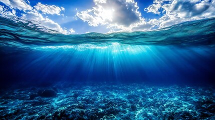 Poster - Spectacular Ocean Underwater Scene with Sunrays Illuminating Coral Reefs : Generative AI