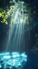 Poster - Enchanting Cave Pool Illuminated by Sunlight with Hanging Vines and Greenery : Generative AI