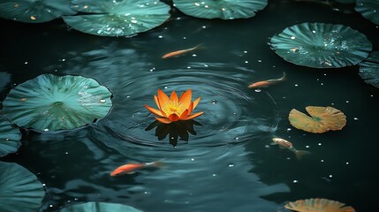 Poster - Mesmerizing Koi and Lotus Dance in Circular Ripples Within Serene Pond : Generative AI