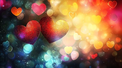 Poster - Pair of glowing colorful hearts amidst a magical bokeh background signifying love and joy : Generative AI