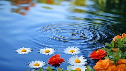 Poster - Colorful Daisies and Leaves in Rippling Pond with Vibrant Reflection : Generative AI
