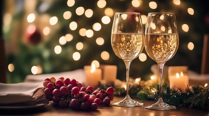 Poster - Sophisticated Wine Glass Display with Grapes Candles and Holiday Illumination : Generative AI