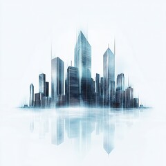 Poster - Minimalist Futuristic City Skyline with Geometric Reflections and Blue Tones Creating an Otherworldly Atmosphere : Generative AI