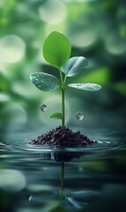 Poster - New Life Emerging Sprout with Glimmering Droplets on Floating Soil : Generative AI