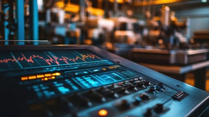 Poster - control panel featuring vibrant charts and in depth data analysis within an industrial setting, high