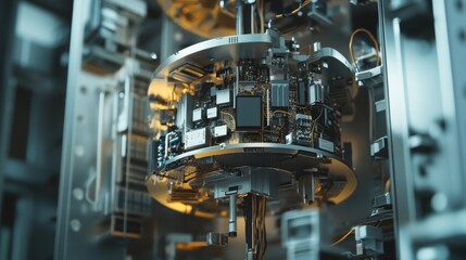 Aufkleber - Quantum computing core processing data, illuminating surrounding complex circuitry and components within advanced technological server room, showcasing intricate connections and futuristic design