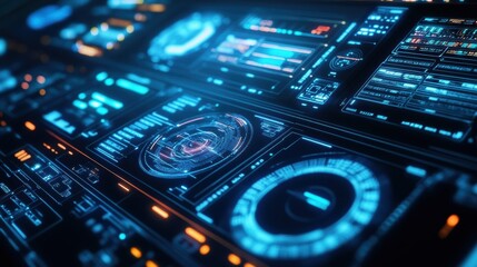 Poster - futuristic glowing user interface displaying complex data analysis, processing information and vario