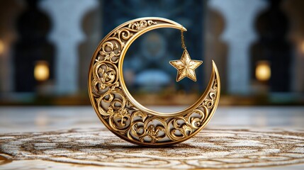 Sticker - A golden crescent moon and star. Ideal for Islamic celebrations, website banners, or social media posts related to Ramadan or Eid.