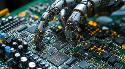 Poster - Robotic arm fixing microchip on motherboard, performing maintenance and repair in advanced technological environment, showcasing automation in electronics industry