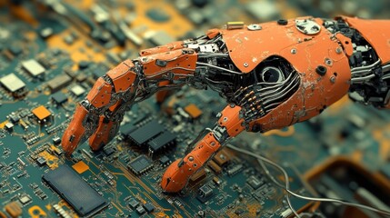 Poster - Orange robotic hand meticulously working on a complex electronic circuit board, showcasing advanced automation and repair capabilities in modern technology