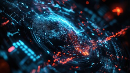Poster - Futuristic earth rotating in cyberspace with data streams flowing across continents, visualizing global connectivity and information exchange in digital age