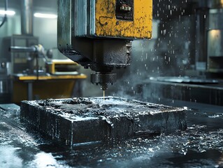 Poster - A close-up view of a milling machine in action, cutting through metal with precision