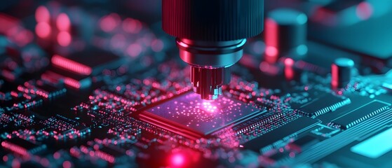 Poster - A close-up view of a microchip being inspected with precision tools
