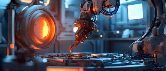 Fototapete - a close-up view of a robotic arm interacting with a futuristic control panel in a high-tech environm