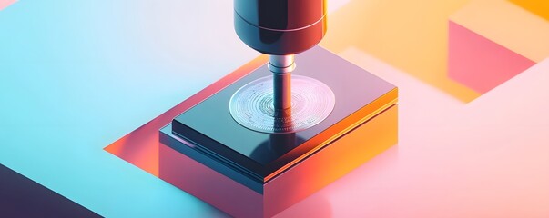 Poster - A close-up view of a stamping machine pressing a circular design onto a flat surface, showcasing modern machinery and vibrant colors in a dynamic environment.