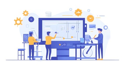 Poster - A contemporary digital workspace featuring three professionals collaborating on a project, utilizing advanced technology and data analytics to drive innovation and productivity.