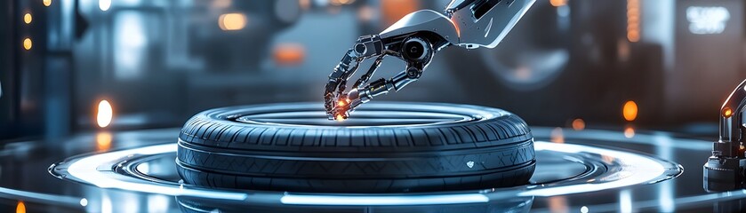 Poster - A futuristic robotic hand interacting with a digital interface, highlighting advanced technology and innovation. Perfect for depicting modern automation and industry advancement.