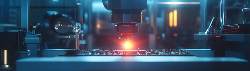 Poster - A futuristic scene in a high-tech laboratory showcasing advanced machinery with glowing elements, representing innovation in technology and precision engineering in a modern worksp