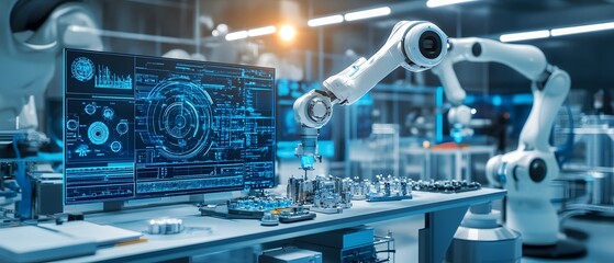 Poster - a futuristic workspace featuring an advanced robotic arm and a high-tech computer interface. the sce