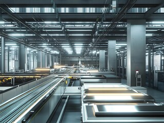 Poster - A modern industrial interior showcasing advanced machinery and illuminated conveyor systems
