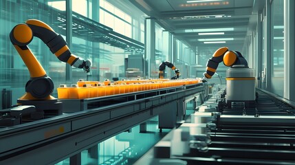 Poster - A modern industrial scene featuring robotic arms on an assembly line, efficiently handling orange juice bottles in a well-lit factory, showcasing advanced automation technology.