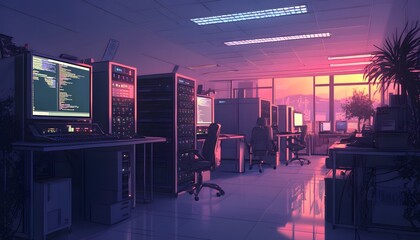 Fototapete - A modern office environment featuring high-tech computer servers and glowing screens at sunset, blending innovation with tranquility. Ideal for tech and design themes.