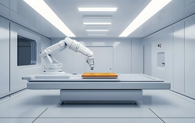 Poster - A modern robotic arm is positioned in a sleek, sterile environment, showcasing advanced technology and automation in industrial applications, ready to perform precision tasks.