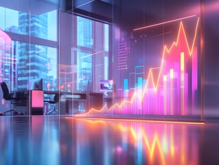 Poster - A modern office interior with glowing bar charts and digital screens, representing growth and success in the business world. The bright colors illuminate the contemporary space.
