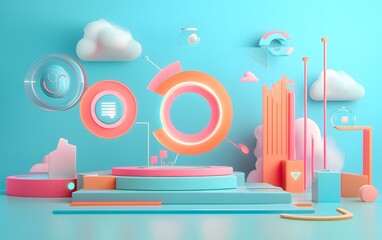 Poster - A vibrant and playful digital illustration featuring geometric shapes, clouds, and abstract elements in pastel colors, perfect for technology and creative projects.