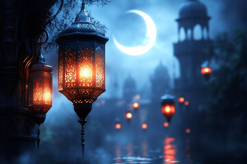 Wall Mural - A serene night scene with illuminated lanterns and a crescent moon.