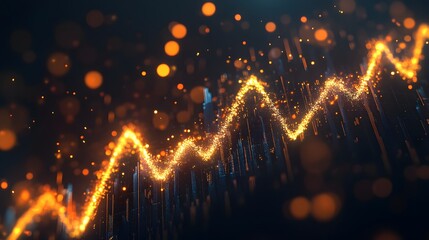 Poster - A vibrant visualization of a dynamic upward trend represented by glowing golden lines against a dark background, symbolizing growth, progress, and innovation in technology.