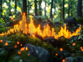 Poster - An ethereal forest scene featuring glowing sound waves entwined with nature. The vibrant colors and dynamic waves symbolize the harmony between technology and the natural world.