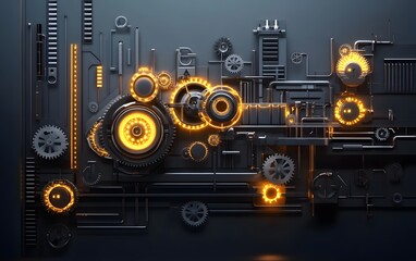 Poster - An intricate arrangement of gears and mechanical components on a dark background, featuring glowing elements that evoke a sense of modern industry and innovation.