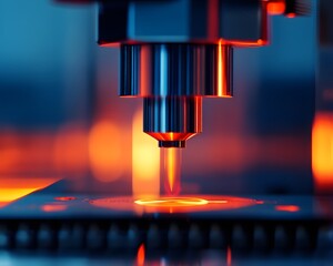 Poster - Close-up of a precision laser cutting machine in action, showcasing the intricate details of the process with dynamic lighting and reflections, highlighting advanced manufacturing