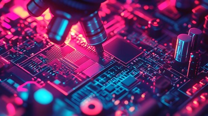 Poster - Close-up view of a circuit board being inspected under a microscope. The vibrant colors of the electronic components create a stunning visual, highlighting technology in action.