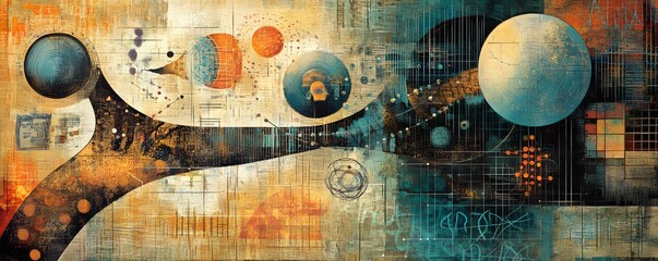 Poster - This abstract artwork represents the intersection of technology and nature, featuring vibrant planets and interconnected patterns that illustrate innovation and creativity.