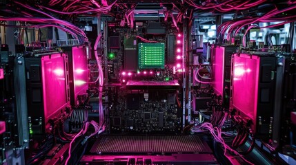 Aufkleber - Complex electronic device featuring vibrant pink and green lights, interconnected cables, and intricate circuit boards, forming a cutting edge quantum computer within a server room