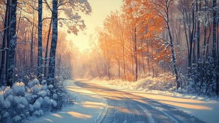 Poster - Serene winter forest landscape with an empty snow-covered road and warm sunlight illuminating the trees.