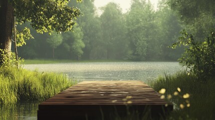 Wall Mural - Scenic wooden dock on a tranquil lake surrounded by lush greenery and vibrant trees in a serene woodland setting