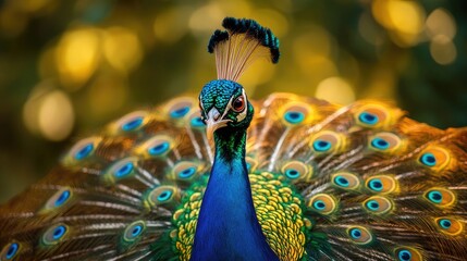 Poster - Iridescent peafowl proudly displays its vibrant tail feathers featuring stunning eye spots in a captivating natural setting.