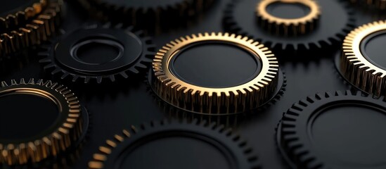 Poster - Minimalist 3D Presentation of Black and Gold Gears with Empty Copyspace for Text in Industrial Style