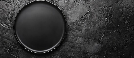 Poster - Minimalistic black ceramic plate on dark gray stone surface top view with ample copyspace for text and design elements.