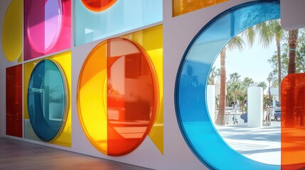 Poster - Colorful abstract windows design in modern architecture showcasing vibrant plexiglass panels in a lively commercial space