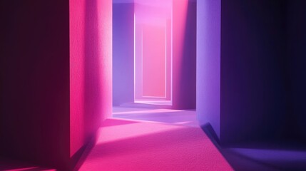 Poster - Vibrant 3D Art Illustration of Abstract Interior with Purple and Pink Light Rays Creating a Dreamy Atmosphere