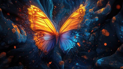 Fototapete - 3D Abstract Colorful Butterfly Wings Surrounded by Particles and Textures in a Vibrant Decorative Background Image for Digital Art