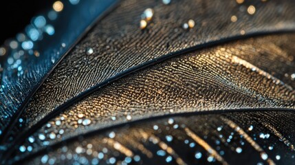 Poster - Elegant macro shot of a textured leaf showcasing luxury, minimalism, and abstract beauty with droplets of water reflecting light.