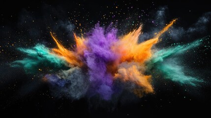 Poster - Abstract Colorful Powder Explosion in Black Background with Vibrant Shades of Orange Green Purple and Black Clouds for Creative Designs