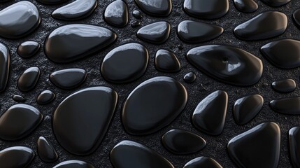 Poster - 3D black pebble stones background with glossy water droplets creating an elegant and serene texture for design projects and presentations