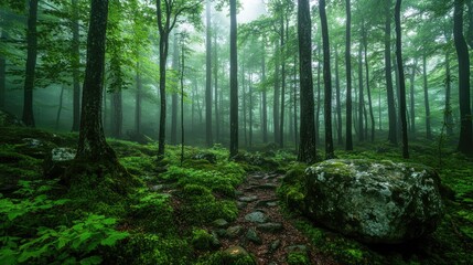 Poster - Mysterious green forest landscape with misty trees and dark rocks perfect for book covers wall art and social media backgrounds