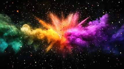 Fototapete - 3D Colorful Abstract Explosion with Black Background Featuring Black Orange Green Purple Dust and Stars